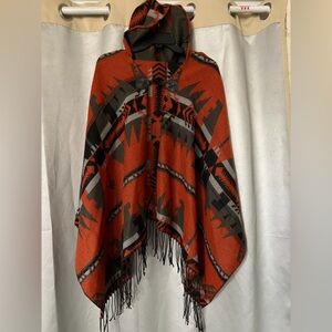 Aztec Women's Hooded Fringed Poncho Orange/Gray/Black Toggle button One Size EUC